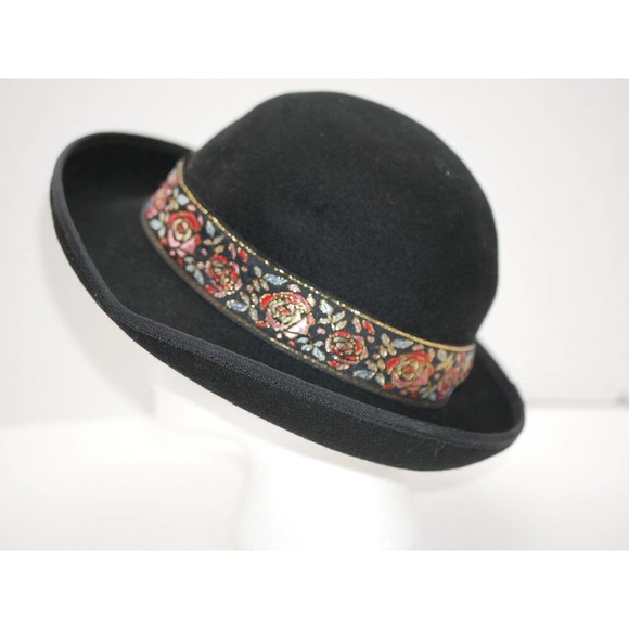 VTG Street Smart by Betmar Ladies Bowler Hat Black Floral 100% Wool Felt USA - Picture 5 of 13